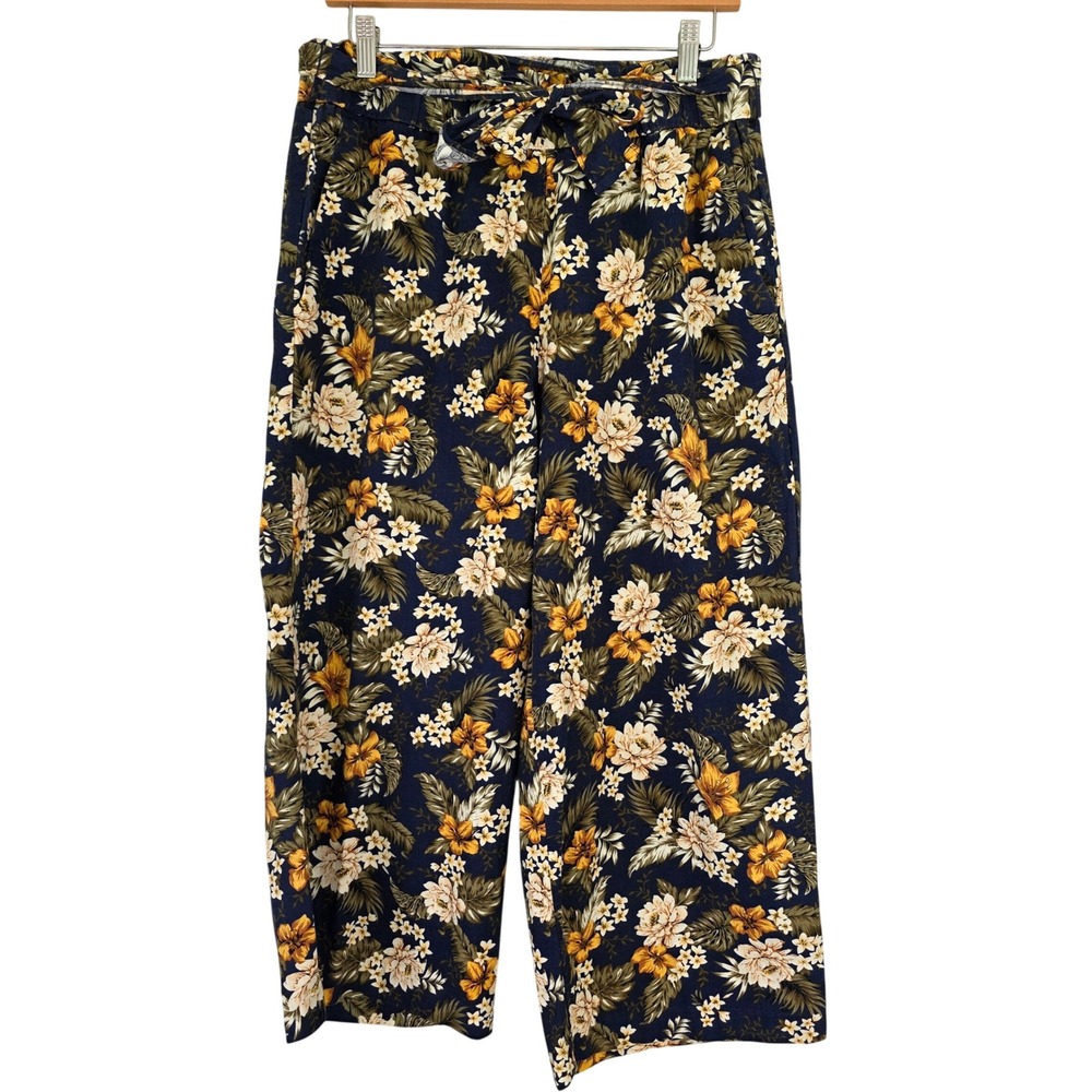 Land n Sea Floral Linen Blend Wide Leg Crop Pants Womens L Tropical Resortwear
